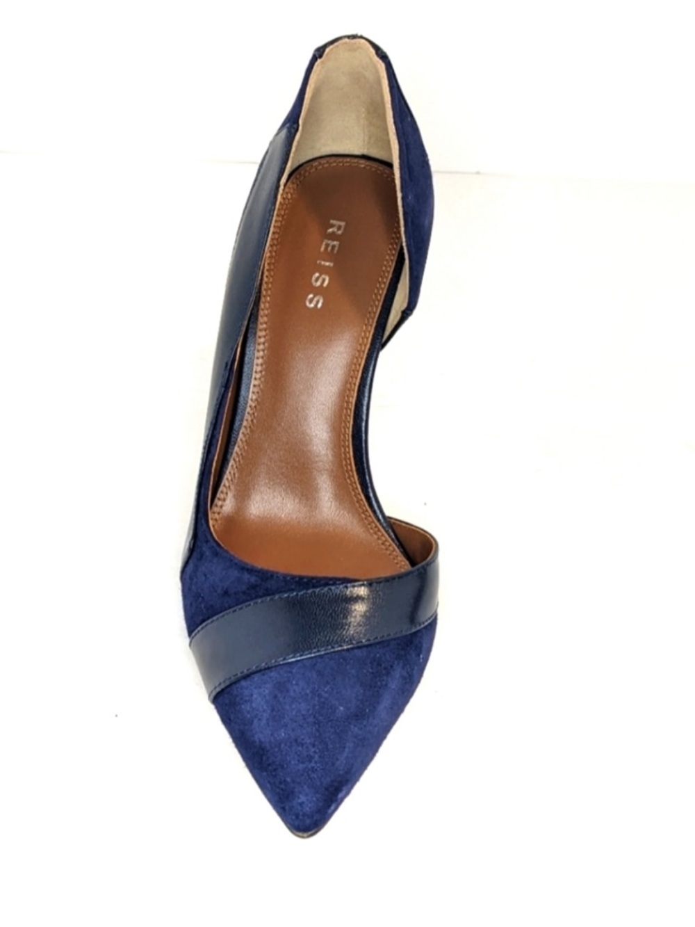 REISS Augusta Point Toe Court Suede Heels in Navy - Picture 6 of 13